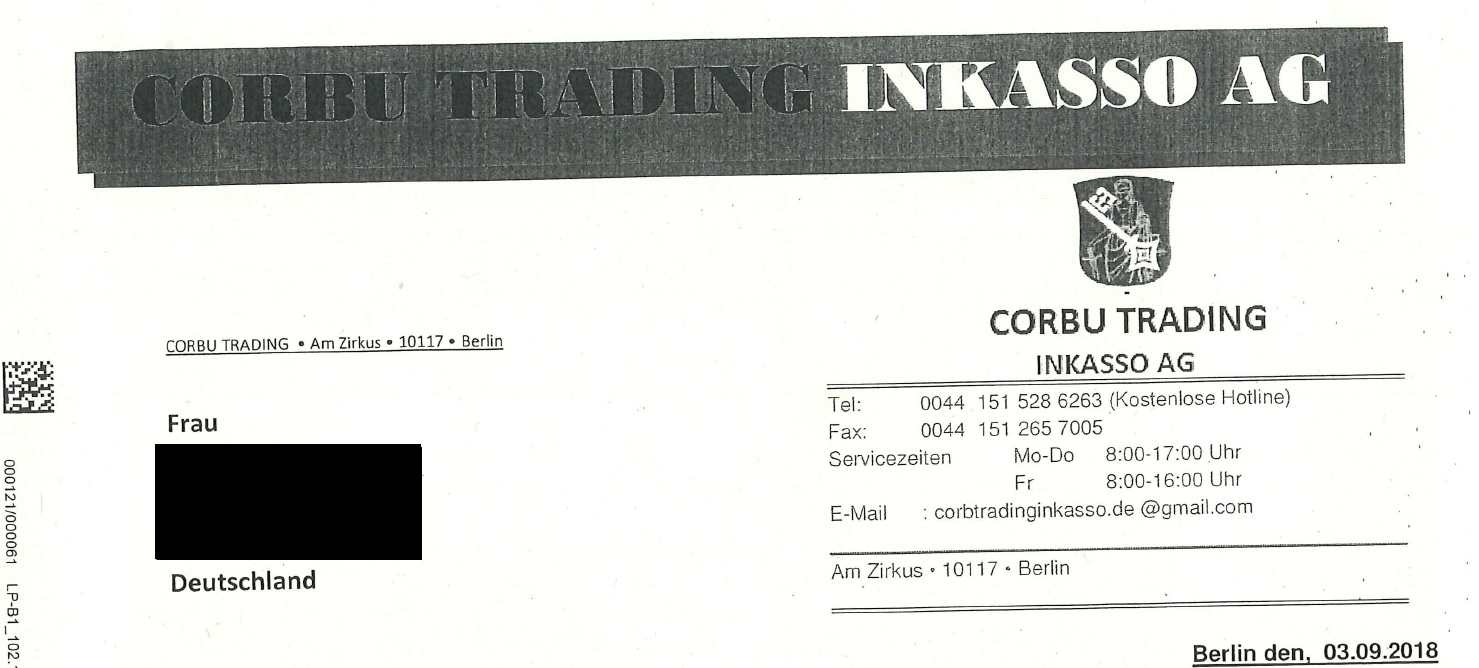 Letzte Außergerichtliche Mahnung Von Corbu Trading Inkasso Ag