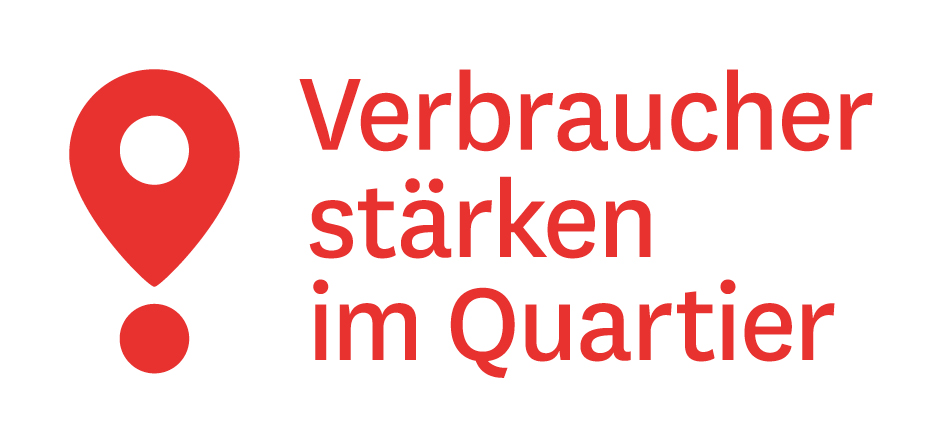 Logo "Verbraucher stärken im Quartier" mit roter Pin-Nadel