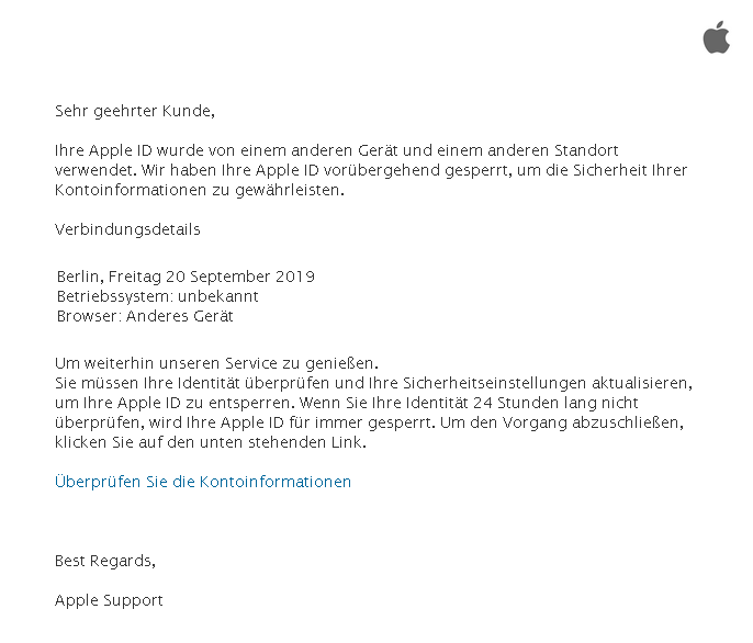 Apple Phishing-Mail DE