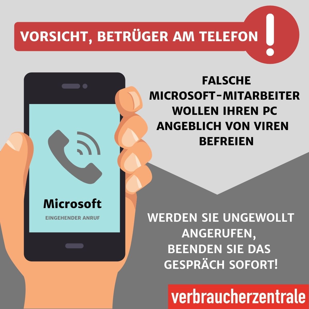 Eine Hand hält ein Handy, auf dessen Display ein eingehender Anruf von Microsoft zu sehen ist.