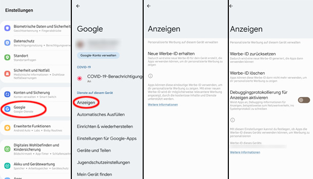 Screenshots der unterhalb des Bildes beschriebenen Klickanleitung auf Android 12