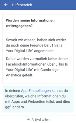 Screenshot der Facebook-Seite, die Nutzern anzeigt, ob ihre Daten an Cambridge Analytica geflossen sein könnten.