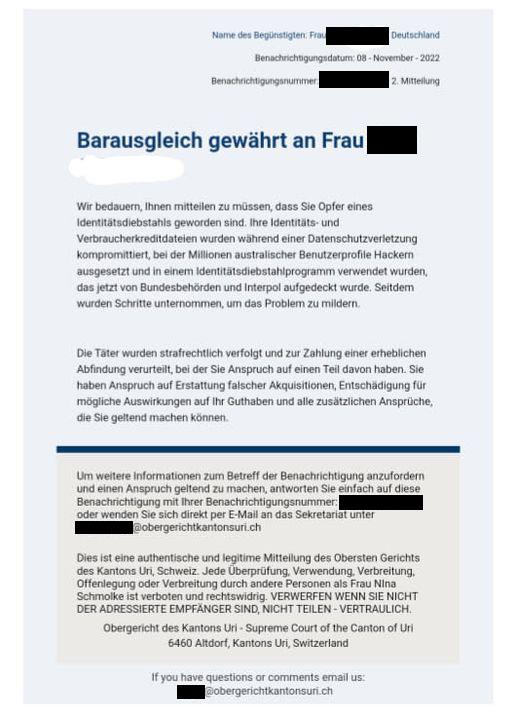 Gefälschte E-Mail eines angeblichen Gerichts aus der Schweiz