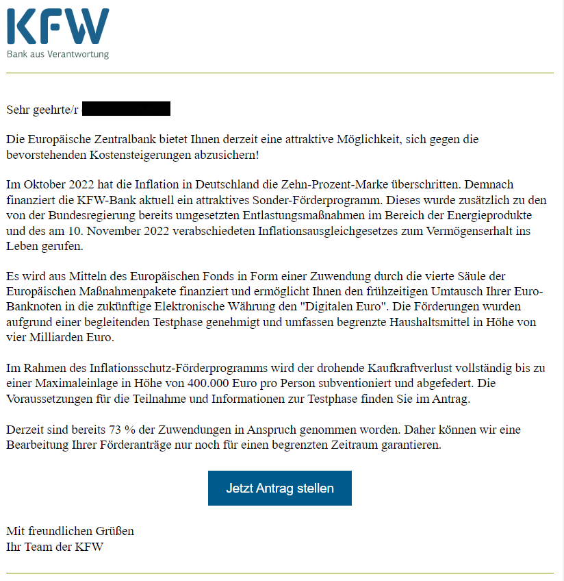 Screenshot einer Phishing-Mail, die angeblich von der KfW stammt.