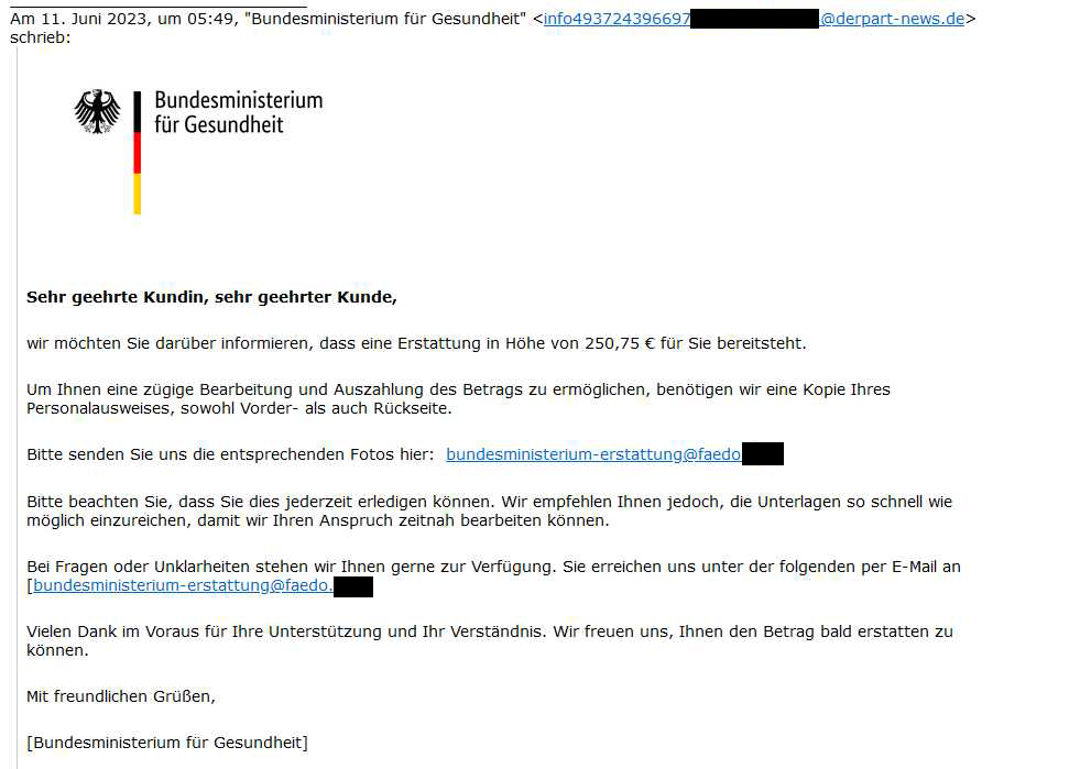 Screenshot einer E-Mail, die zum Einscannen und Versenden einer Ausweiskopie auffordert und angeblich vom Bundesgesundheitsministerium stammt. Diese Mail ist ein Betrugsversuch!