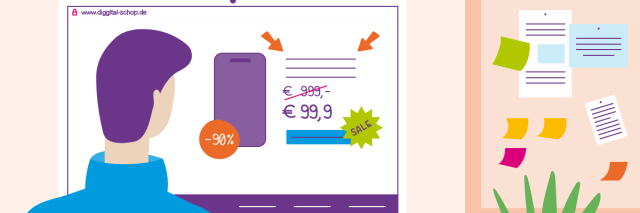 Vektorgrafik mit mensch und digitalen Endgeräten Fakeshop - Digitale Welt