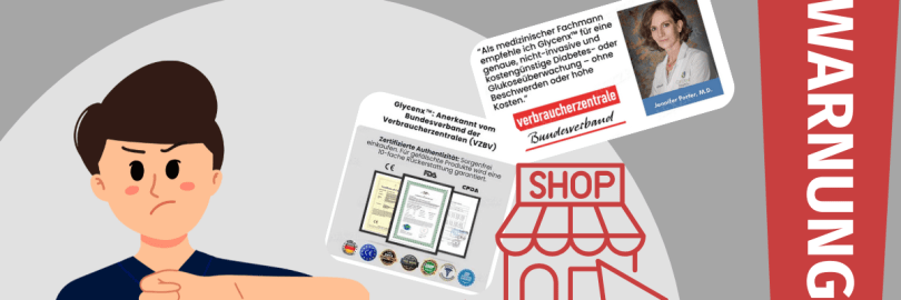 Grafik: Ein Comic-Mensch zeigt mit dem Daumen nach unten. Daneben sind Screenshots von einer Website, ein Shop-Icon und der Schriftzug "Fake". Daneben befindet sich ein großes Ausrufezeichen, in dem "Warnung" steht.