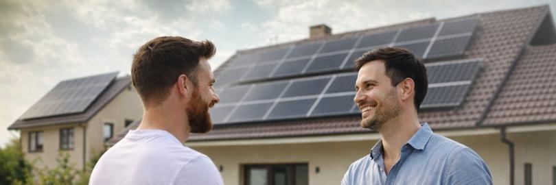 2 Maenner geben sich die Hand vor einem Haus mit Solarplatten auf dem Dach