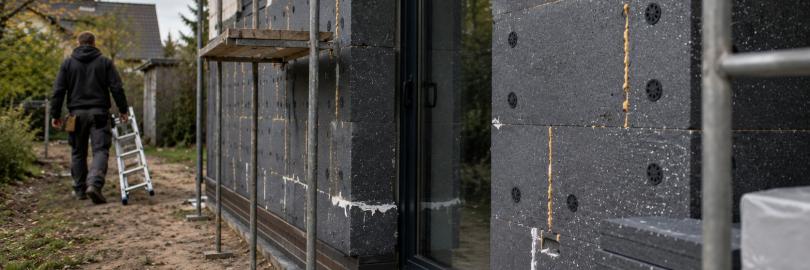 ein unfertiges Haus mit dämmplatten, ein Arbeiter geht mit seiner Leiter fort
