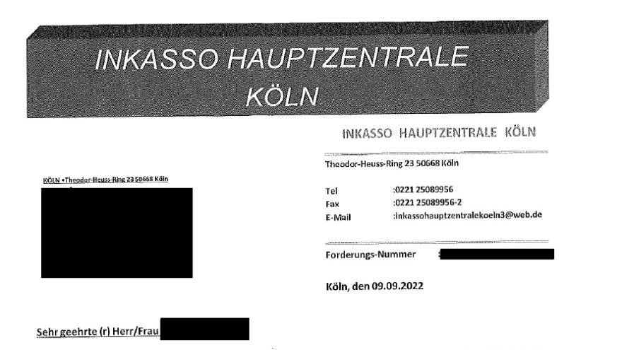 Anschreiben Inkasso Hauptzentrale Köln