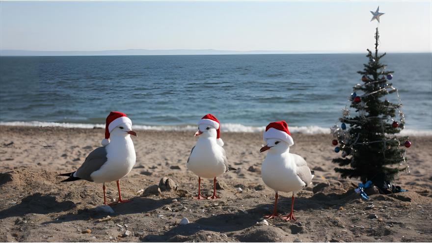 Strand, 3 Möwen mit Weihnachtsmütze und einen geschmückten Tannenbaum