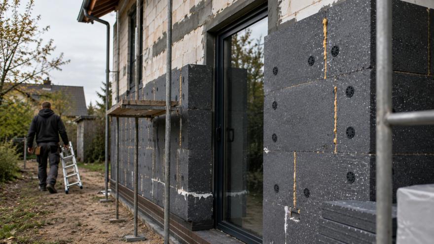 ein unfertiges Haus mit dämmplatten, ein Arbeiter geht mit seiner Leiter fort