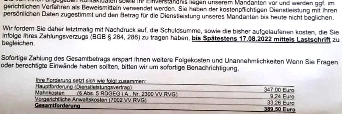 Bild eines betrügerischen Briefs