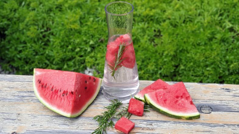 Karaffe gefüllt mit Wasser, Melonenstücken und Rosmarinzweig