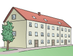 Zeichnung: Häuserreihe aus Mehrfamilienhäusern. Davor steht noch ein Baum.