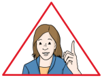 Zeichnung einer Frau, die warnend den Finger hebt und von einem roten Dreieck umrundet ist.