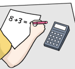 Eine Zeichnung von einem taschenrechner neben einem Arm.