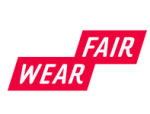 Grafik: Siegel von Fair Wear, weiße Schrift auf roten Grund