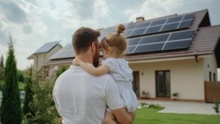 Vater mit kleiner Tochter vor einem Solardach