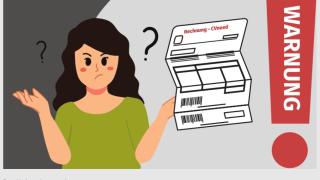 comic frau mit einen Vertrag in der Hand, an der Seite ein Ausrufezeichen / Warnung