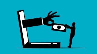 laptop aus dem eine Hande mit einem Geldschein kommt