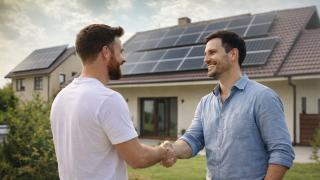 2 Maenner geben sich die Hand vor einem Haus mit Solarplatten auf dem Dach